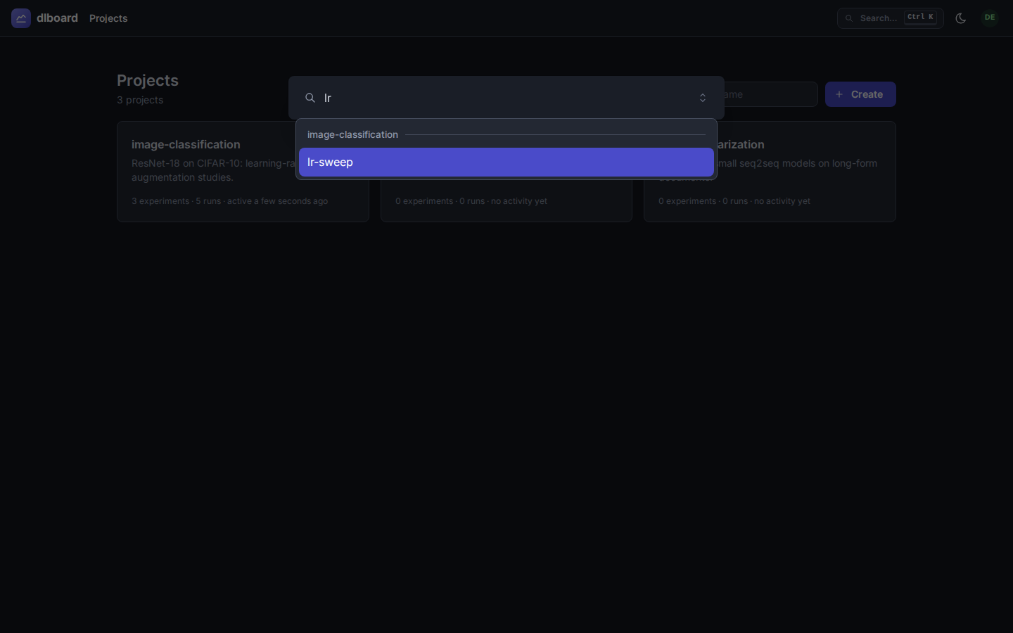 The Ctrl+K jump palette, open and matching an experiment by name
