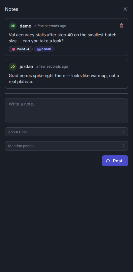 A notes thread, with badges linking a note to a run and a mentioned teammate